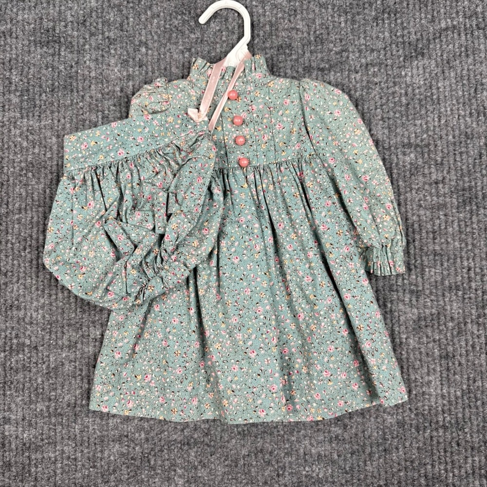 Vtg Floral Dress Infant Green Pink Prairie Bonnet Long Sleeve Ruffle Trim